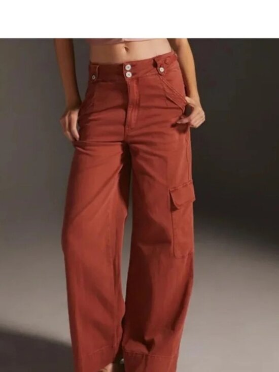 Pilcro Pants - Pilcro High Rise Wide Leg Cargo Pant Boho Festival Academia Relaxed in Rust 26